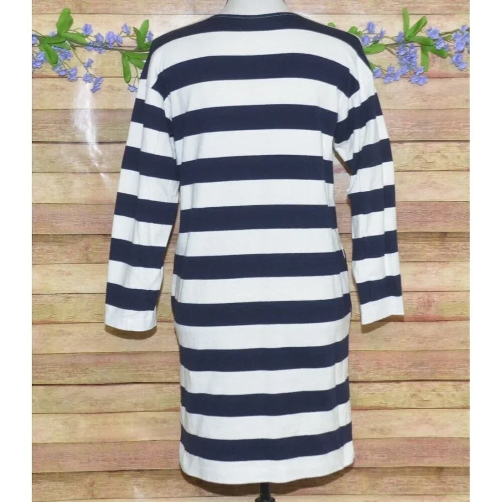 Uniqlo 100% Cotton Blue Stripe Pocket Shift Tunic Dress XS Nautical Beach Pocket
